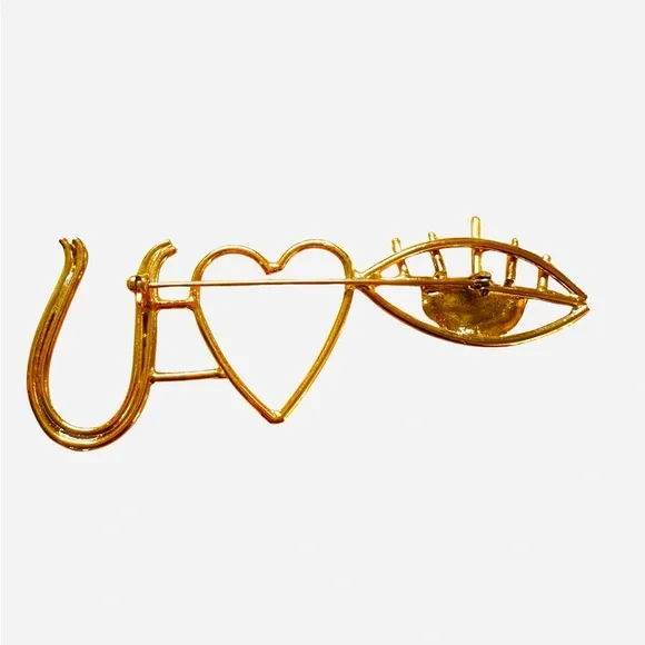 2 Brooch Pins Heart Eye Gold Tone Metal “I Heart U” 80s/90s - Picture 4 of 8